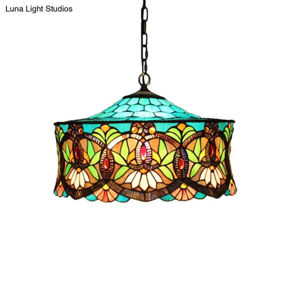 Victorian-Style Stained Glass Drum Pendant Light for Living Room - 18" W