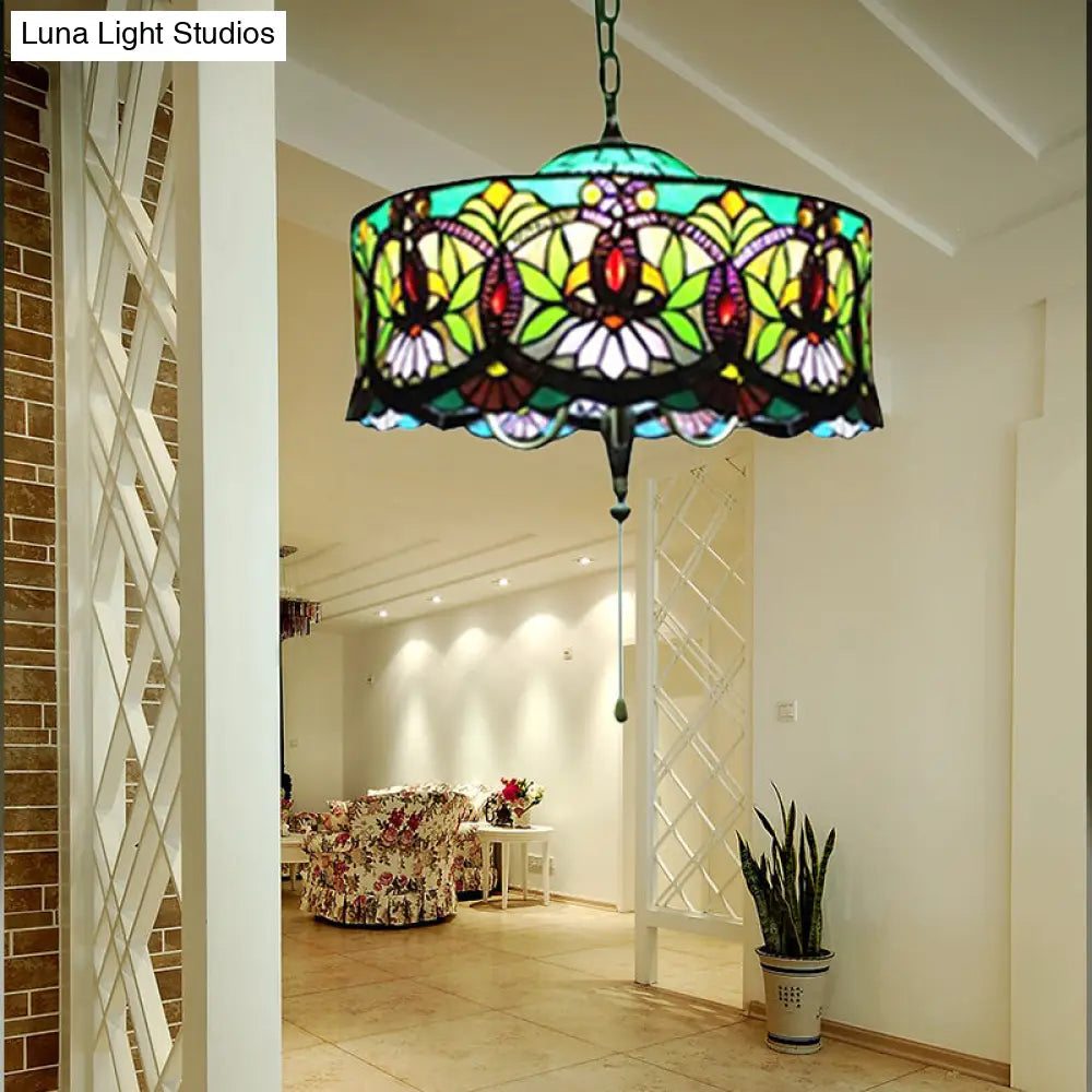 Victorian-Style Stained Glass Drum Pendant Light for Living Room - 18" W