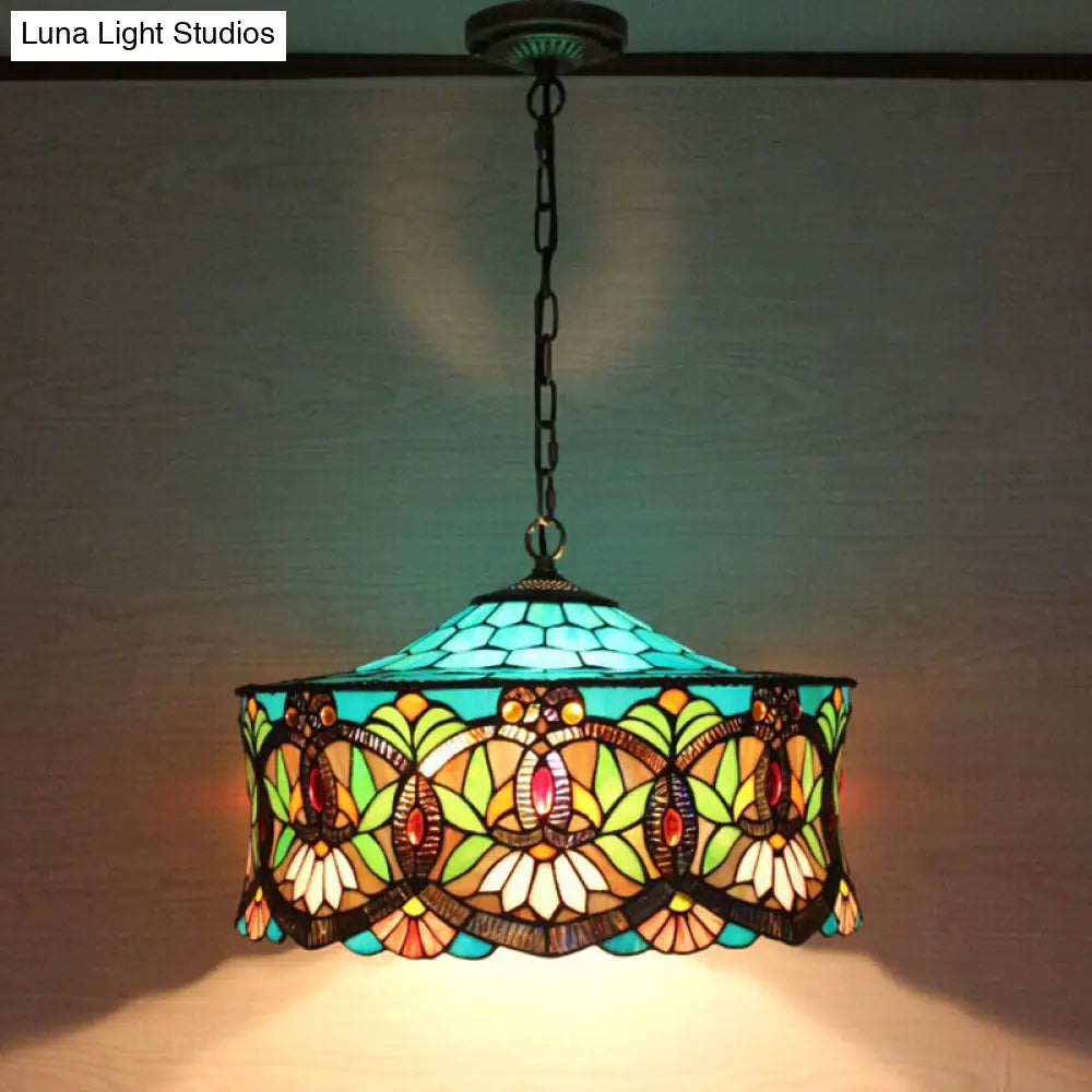 Victorian-Style Stained Glass Drum Pendant Light for Living Room - 18" W