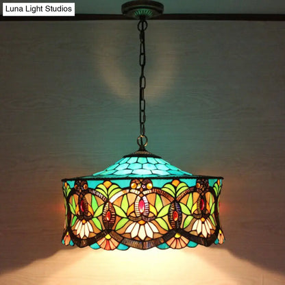 Victorian-Style Stained Glass Drum Pendant Light for Living Room - 18" W