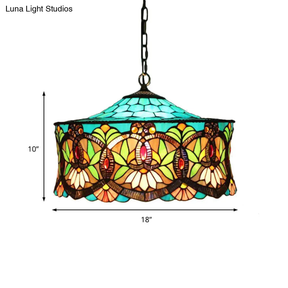 Victorian-Style Stained Glass Drum Pendant Light for Living Room - 18" W