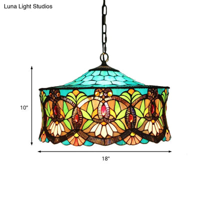 Victorian-Style Stained Glass Drum Pendant Light for Living Room - 18" W