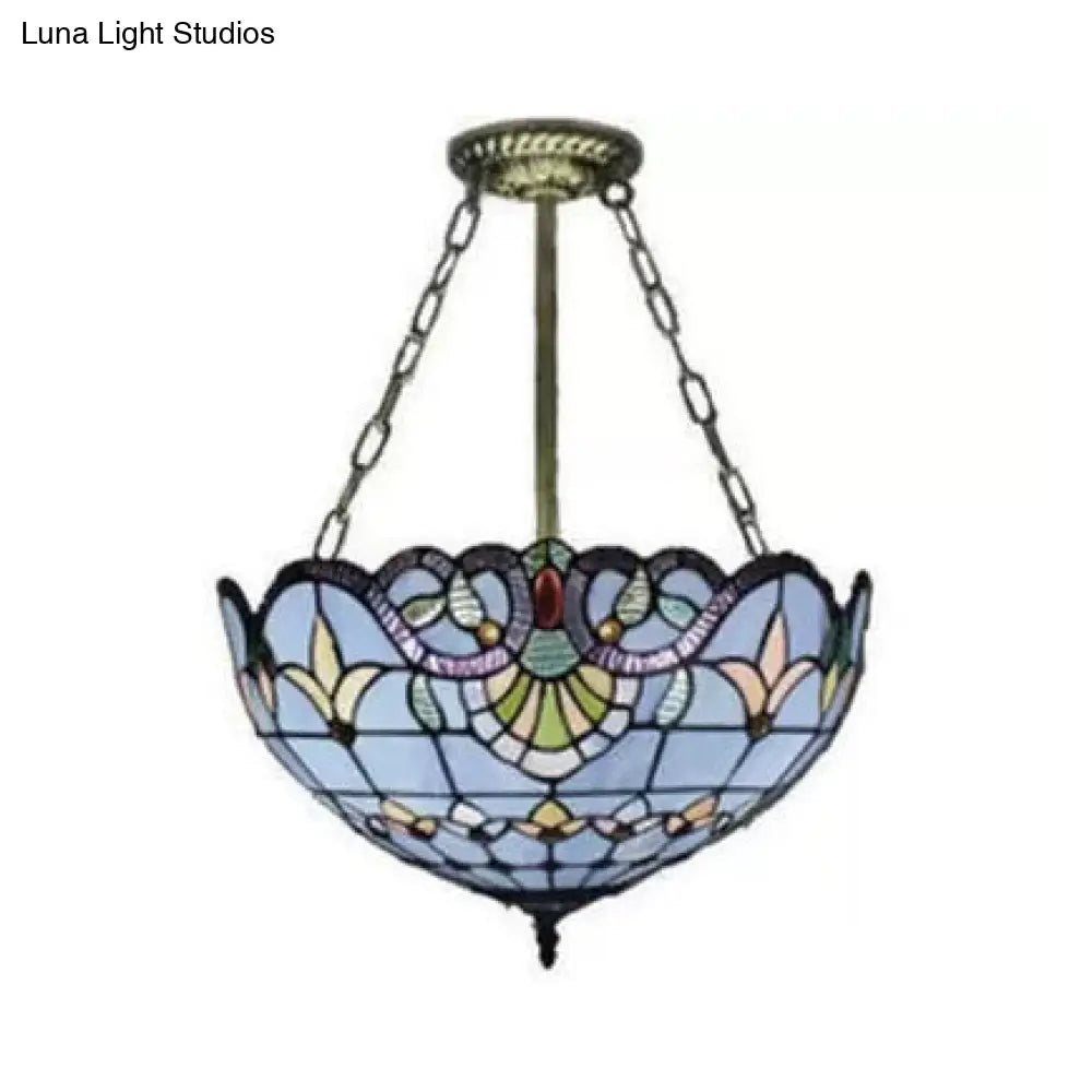 Victorian Style Upward Dome LED Ceiling Light with Stained Glass Shade for Bedroom