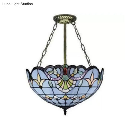 Victorian Style Upward Dome LED Ceiling Light with Stained Glass Shade for Bedroom