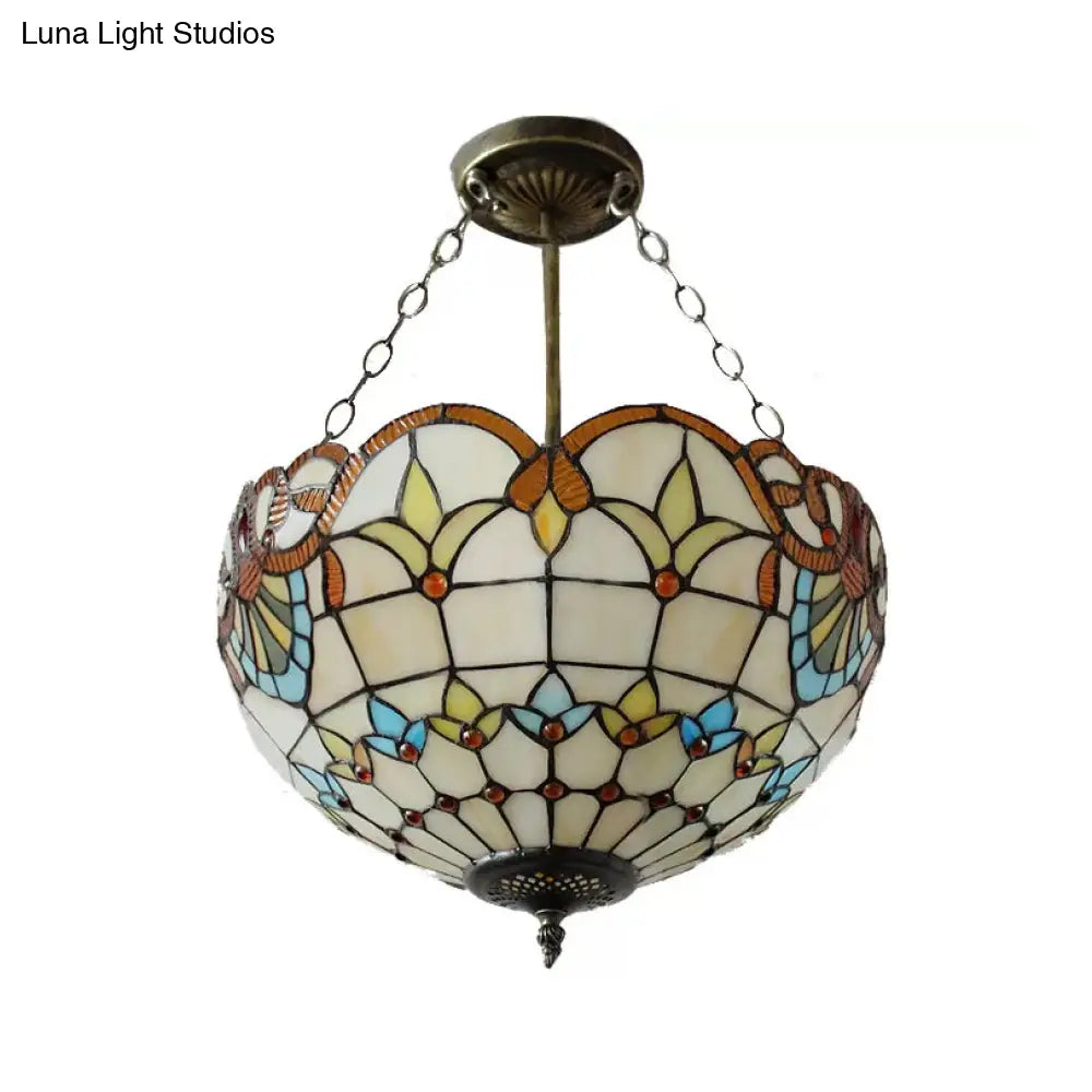 Victorian Style Upward Dome LED Ceiling Light with Stained Glass Shade for Bedroom