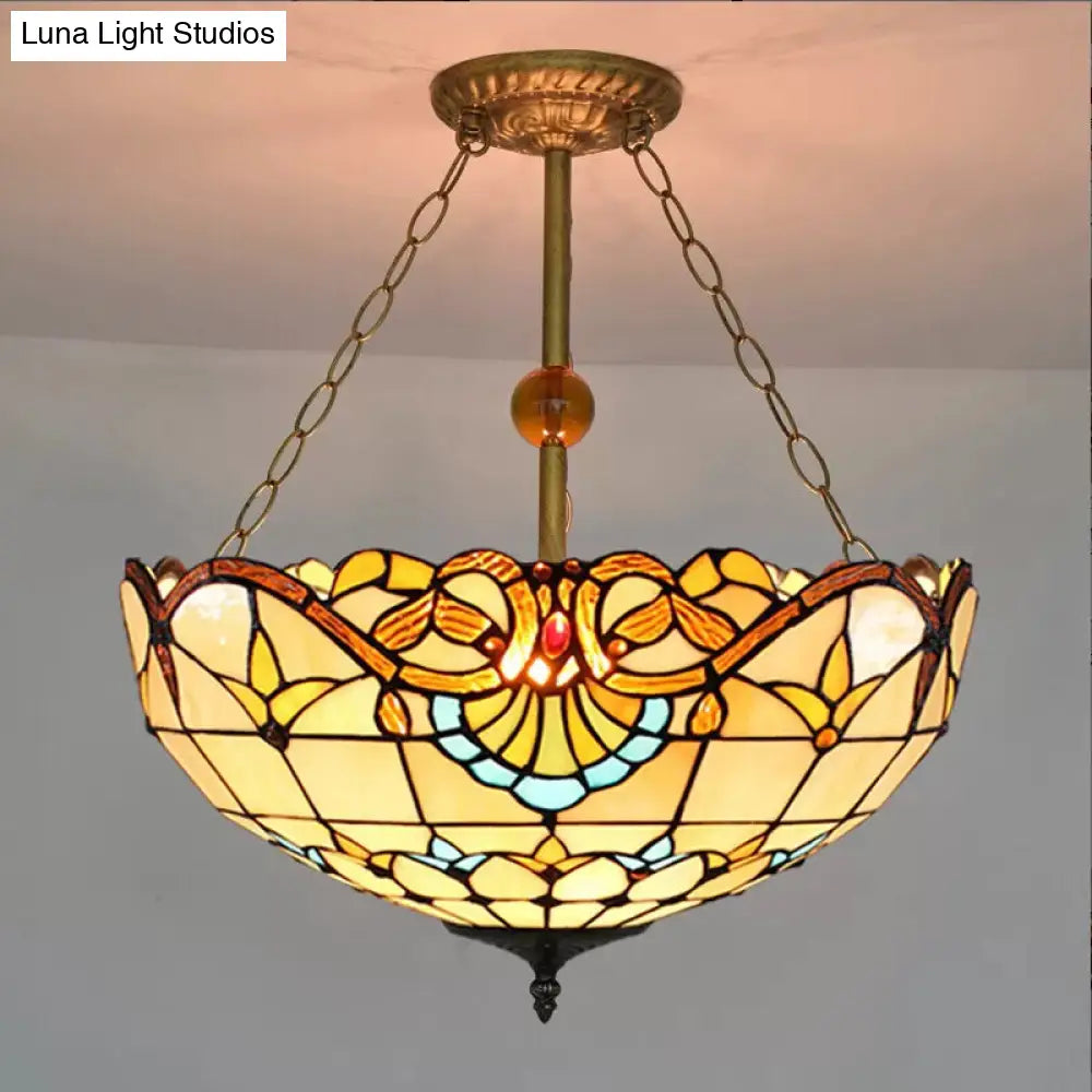 Victorian Style Upward Dome LED Ceiling Light with Stained Glass Shade for Bedroom