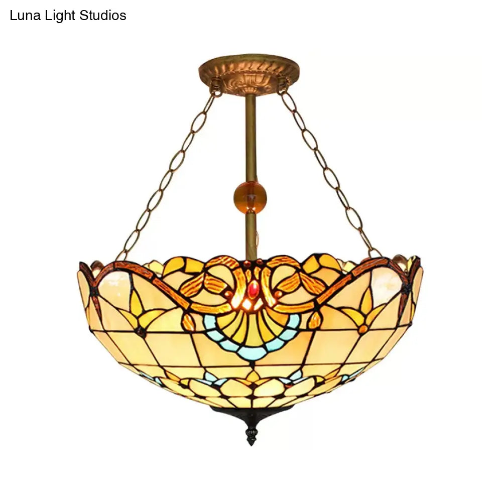 Victorian Style Upward Dome LED Ceiling Light with Stained Glass Shade for Bedroom