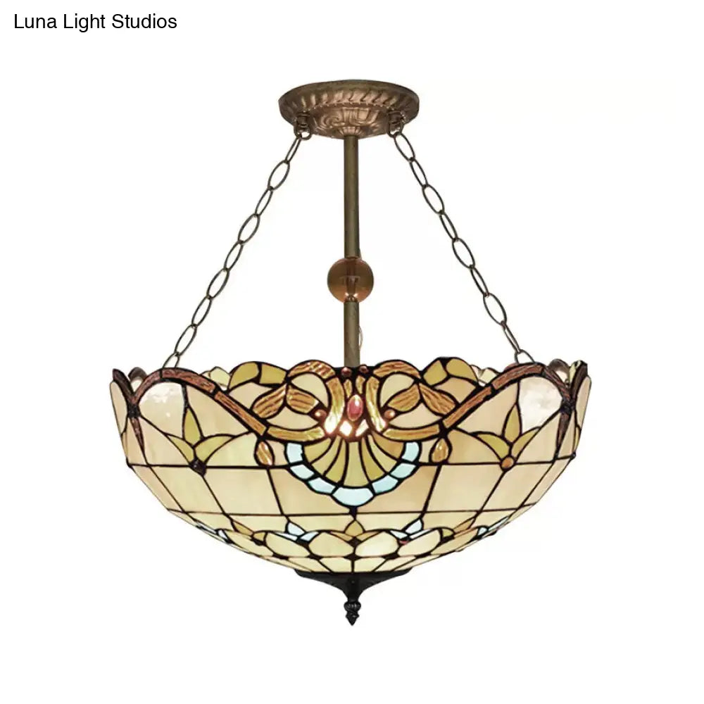 Victorian Style Upward Dome LED Ceiling Light with Stained Glass Shade for Bedroom