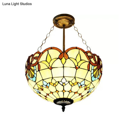 Victorian Style Upward Dome LED Ceiling Light with Stained Glass Shade for Bedroom