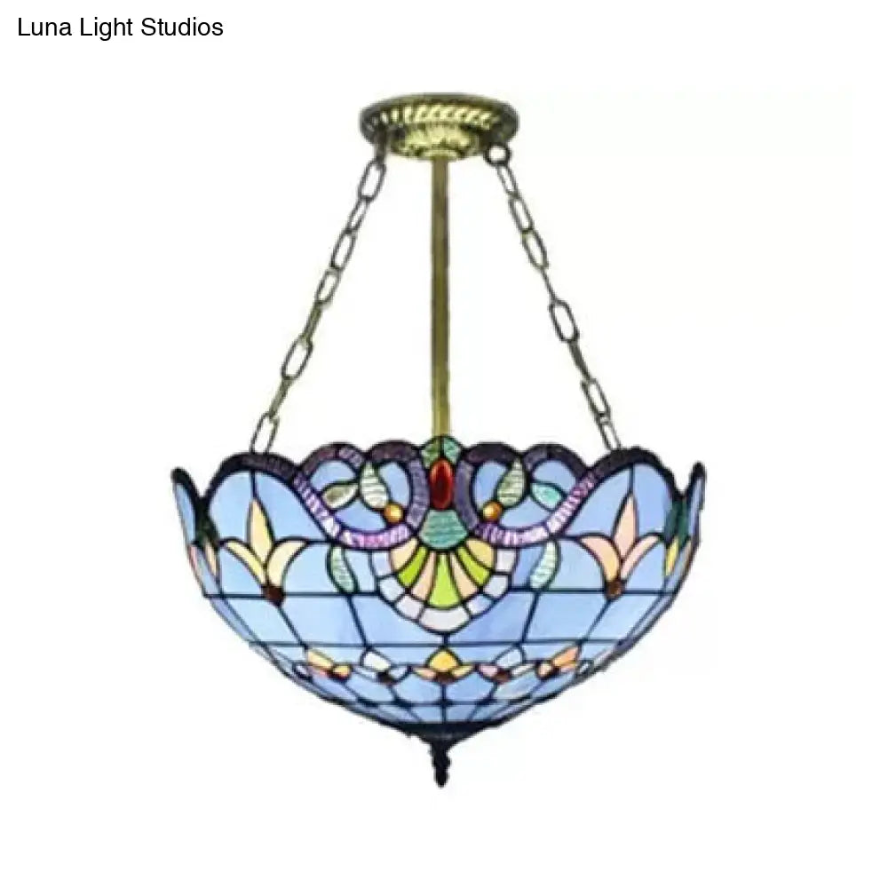 Victorian Style Upward Dome LED Ceiling Light with Stained Glass Shade for Bedroom