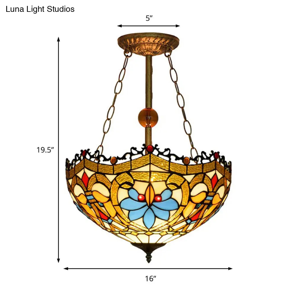 Victorian Tiffany Glass Bowl Ceiling Light - Yellow Semi Flush Lamp for Restaurants