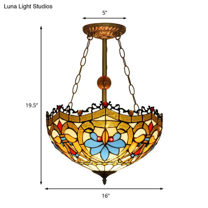 Victorian Tiffany Glass Bowl Ceiling Light - Yellow Semi Flush Lamp for Restaurants