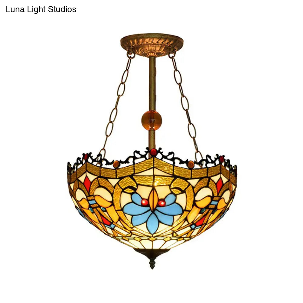 Victorian Tiffany Glass Bowl Ceiling Light - Yellow Semi Flush Lamp for Restaurants