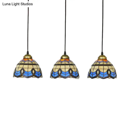 Victorian Tiffany Stained Glass Pendant Light with 3-Bulb Suspension - Blue for Living Room