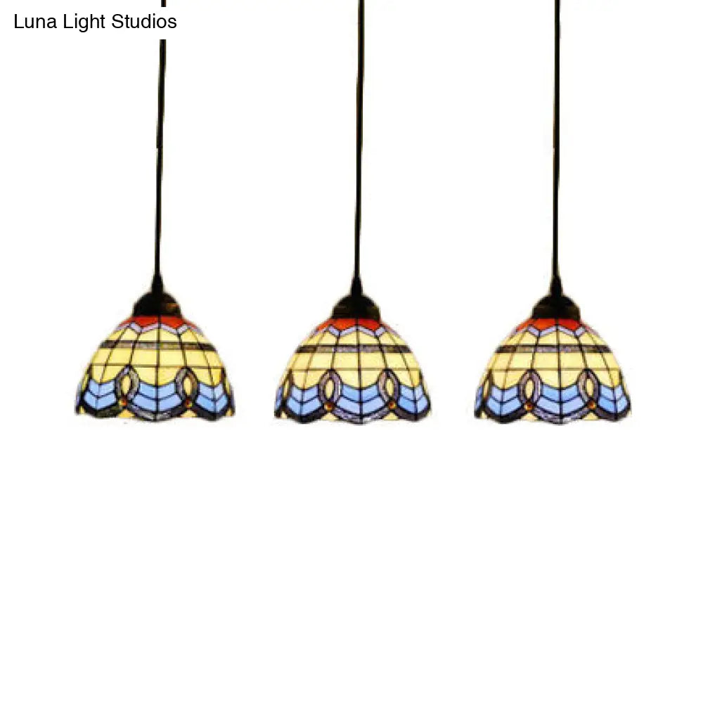 Victorian Tiffany Stained Glass Pendant Light with 3-Bulb Suspension - Blue for Living Room