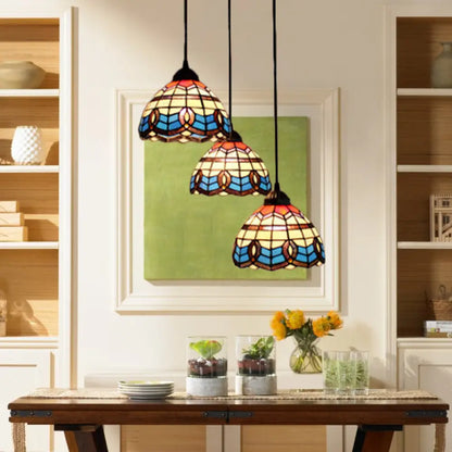 Victorian Tiffany Stained Glass Pendant Light with 3-Bulb Suspension - Blue for Living Room