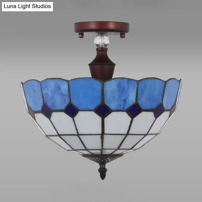 Victorian Tiffany Stained Glass Semi Flush Light - 12"/16" W Bowl Semi Flushmount - Blue/Blue-White/Green-Yellow - Living Room Décor