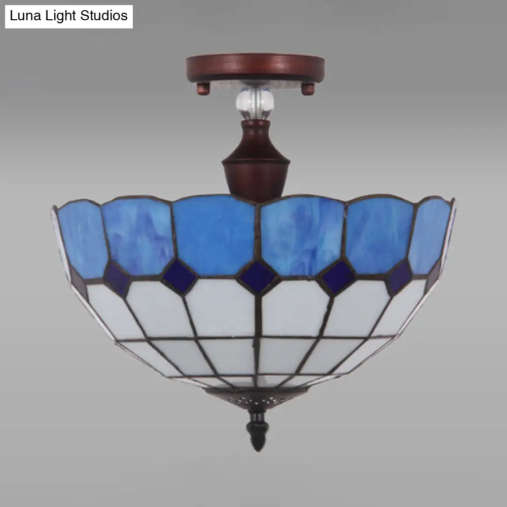 Victorian Tiffany Stained Glass Semi Flush Light - 12"/16" W Bowl Semi Flushmount - Blue/Blue-White/Green-Yellow - Living Room Décor