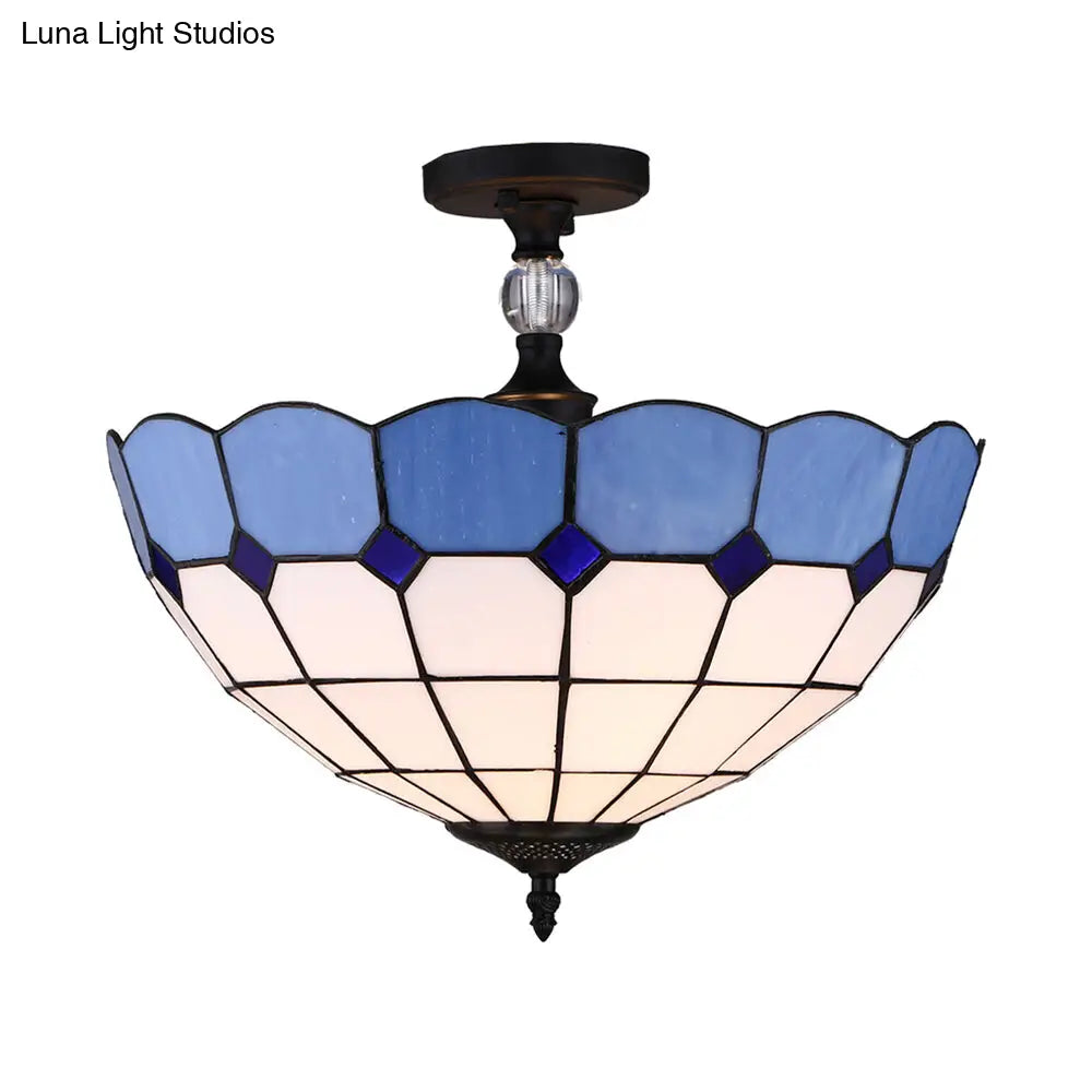 Victorian Tiffany Stained Glass Semi Flush Light - 12"/16" W Bowl Semi Flushmount - Blue/Blue-White/Green-Yellow - Living Room Décor