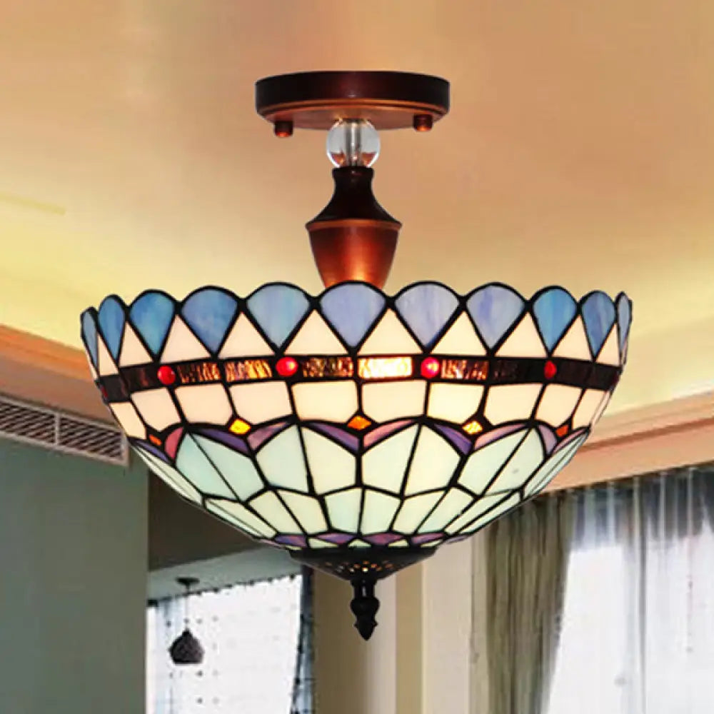 Victorian Tiffany Stained Glass Semi Flush Light - 12"/16" W Bowl Semi Flushmount - Blue/Blue-White/Green-Yellow - Living Room Décor