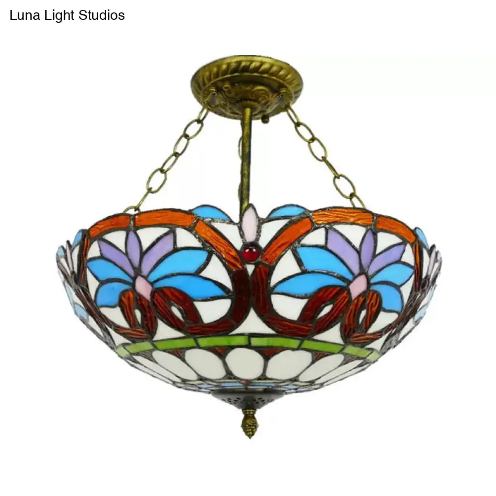 Victorian Tiffany Style Ceiling Fixture - 12"/16" Wide Bowl Design Light