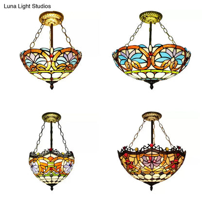 Victorian Tiffany Style Ceiling Fixture - 12"/16" Wide Bowl Design Light