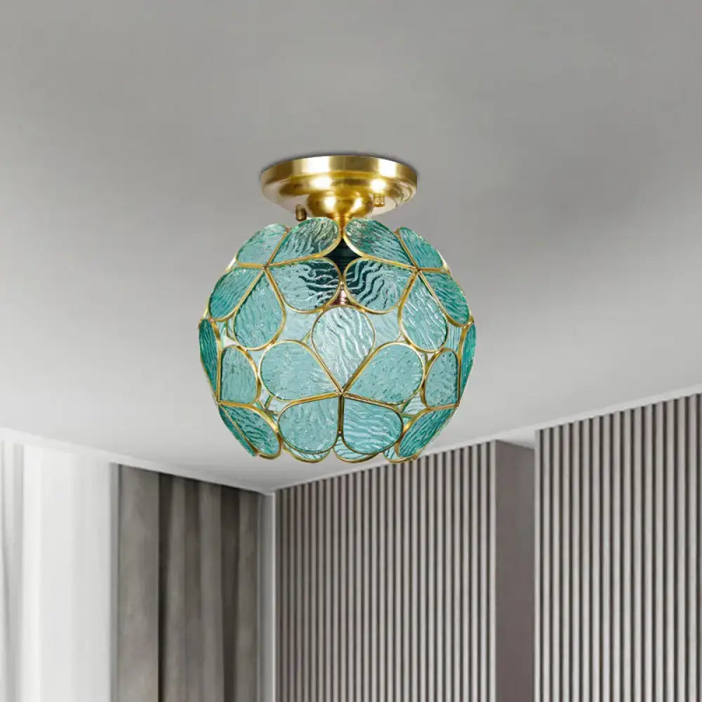DecorBites™ Victorian stained glass flower ceiling light with turquoise textured glass and gold-toned metal fixture