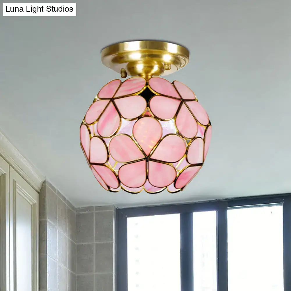 DecorBites™ Victorian stained glass flower ceiling light with pink floral glass and gold-toned metal frame ceiling fixture