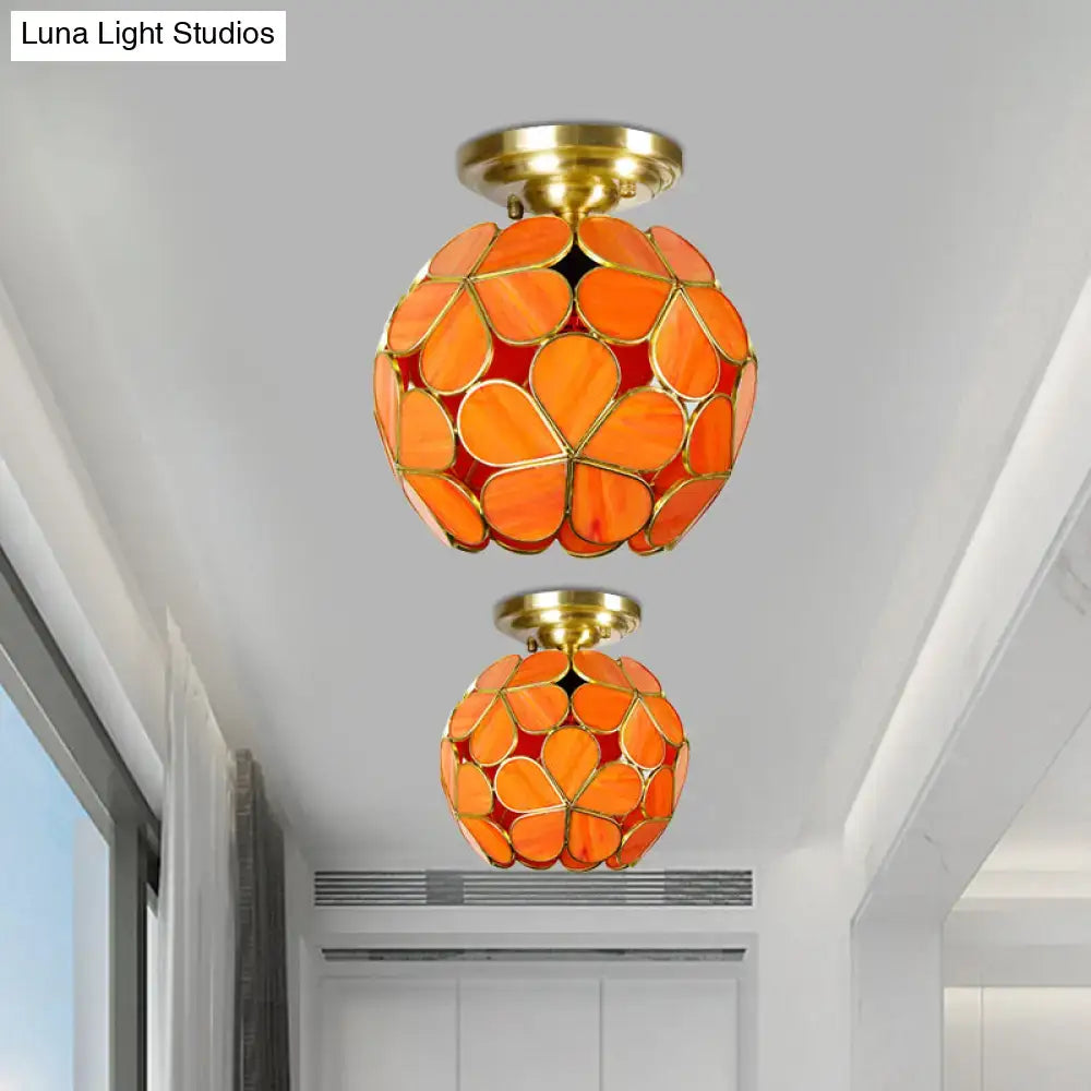 DecorBites Victorian stained glass flower ceiling fixture with orange floral design and brass accents in semi-mount style