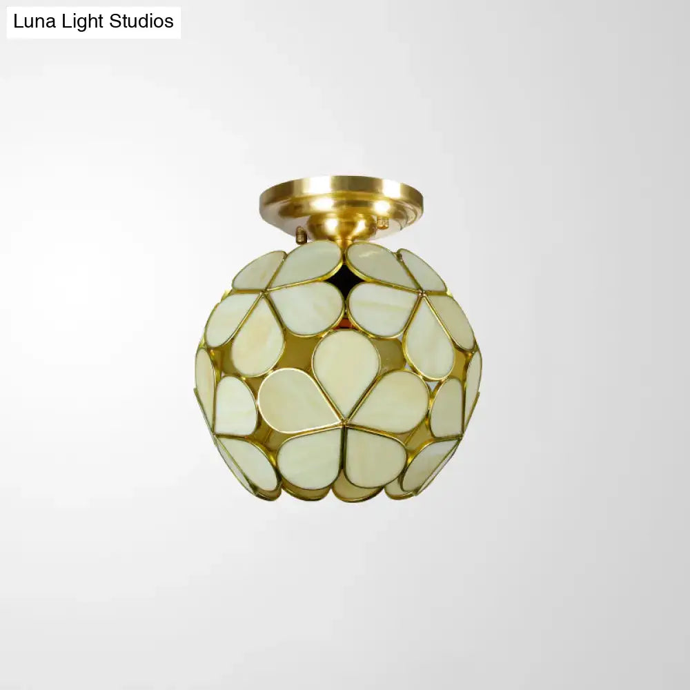 Decorbites™ victorian stained glass flower ceiling light semi-mount with brass base and cream petal-shaped panels