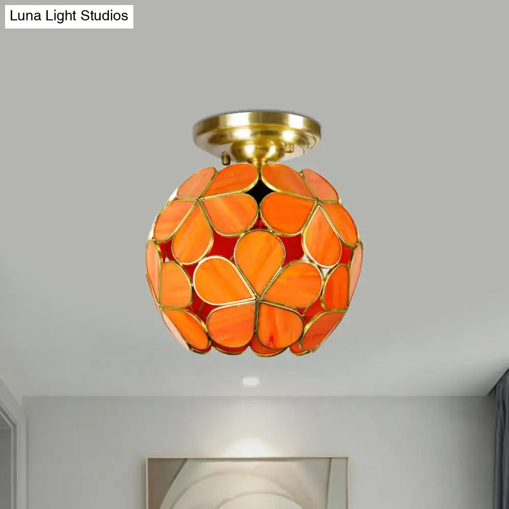 DecorBites Victorian stained glass flower ceiling light with vibrant orange petals and brass-finished mounting base