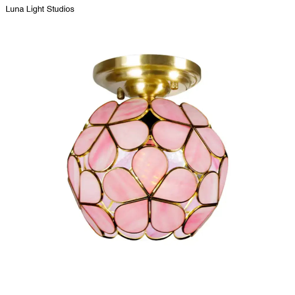 Decorbites victorian stained glass flower ceiling light with pink petal panels and brass fixture ceiling fixture