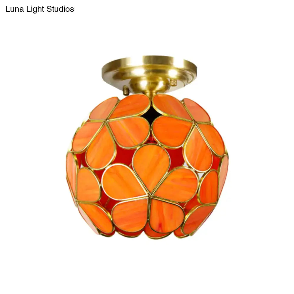 Vibrant orange decorbites victorian stained glass flower ceiling light with brass finish and petal-shaped panels ceiling fixture