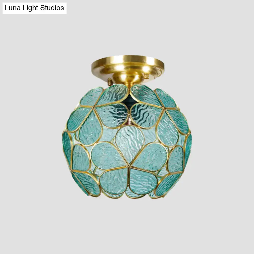 Decorbites™ victorian stained glass flower ceiling light with turquoise textured glass and gold-toned frame ceiling fixture