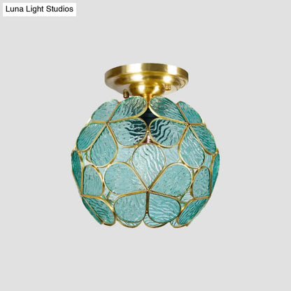 Decorbites™ victorian stained glass flower ceiling light with turquoise textured glass and gold-toned frame ceiling fixture