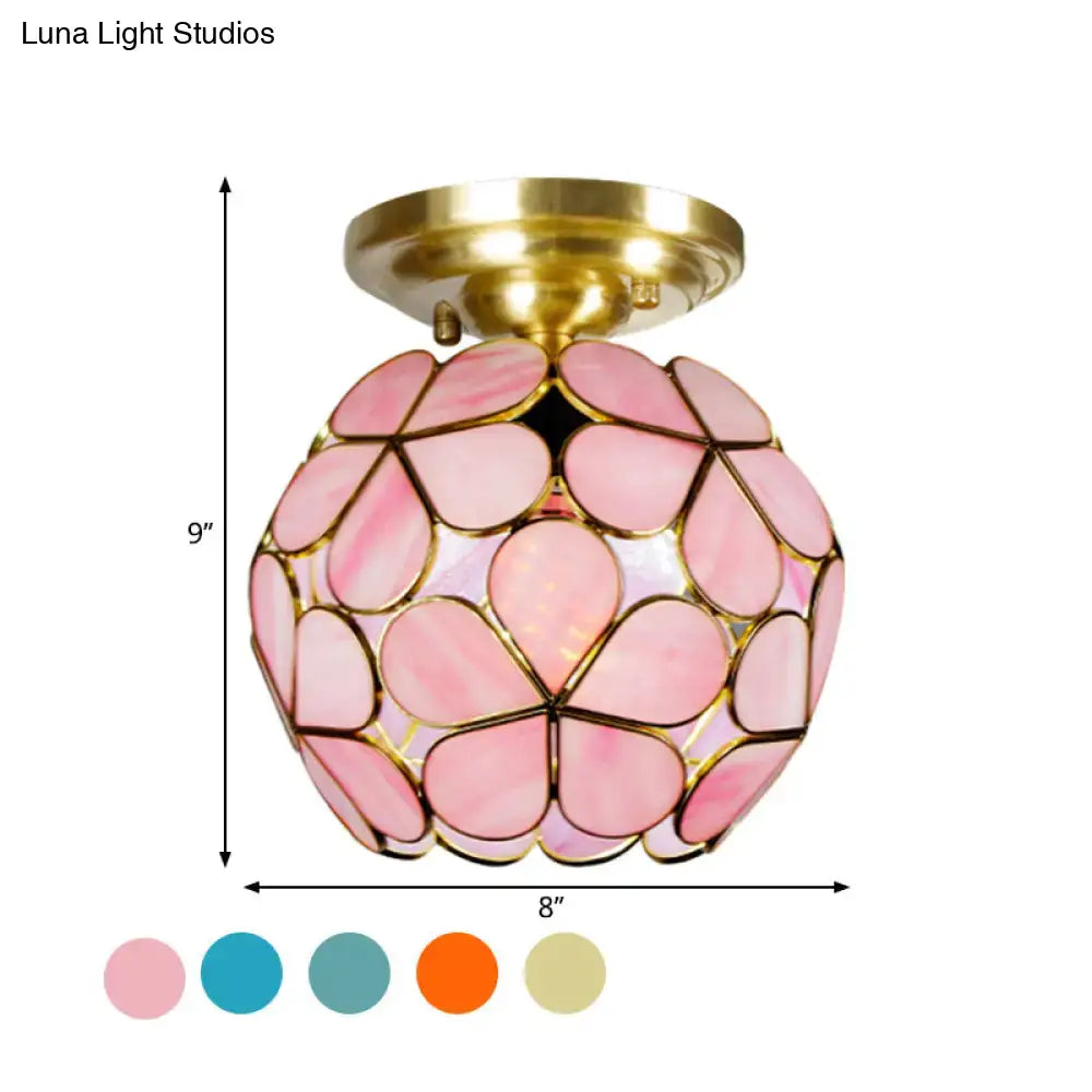 DecorBites Victorian stained glass flower ceiling light in pink white and orange with brass hardware ceiling fixture