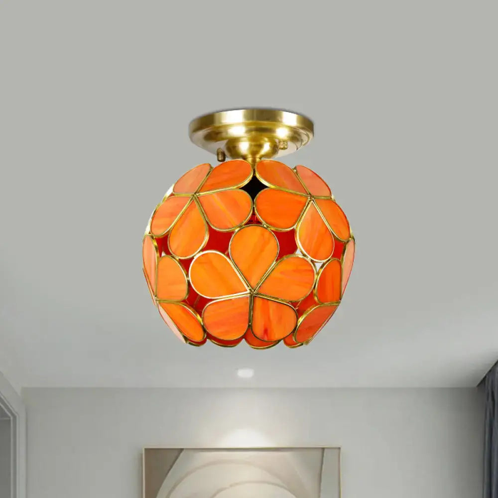 DecorBites Victorian stained glass flower ceiling fixture with vibrant orange glass and gold-toned metal frame