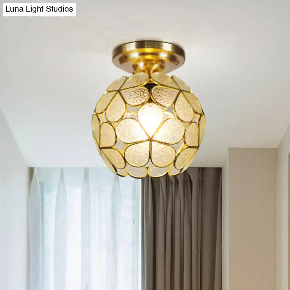 Gold-toned DecorBites™ Victorian stained glass flower ceiling fixture with textured white pink orange glass panels