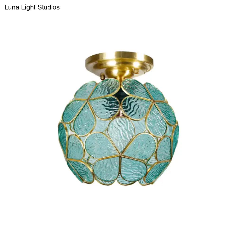 DecorBites Victorian stained glass flower ceiling light with teal textured glass and brass base ceiling fixture