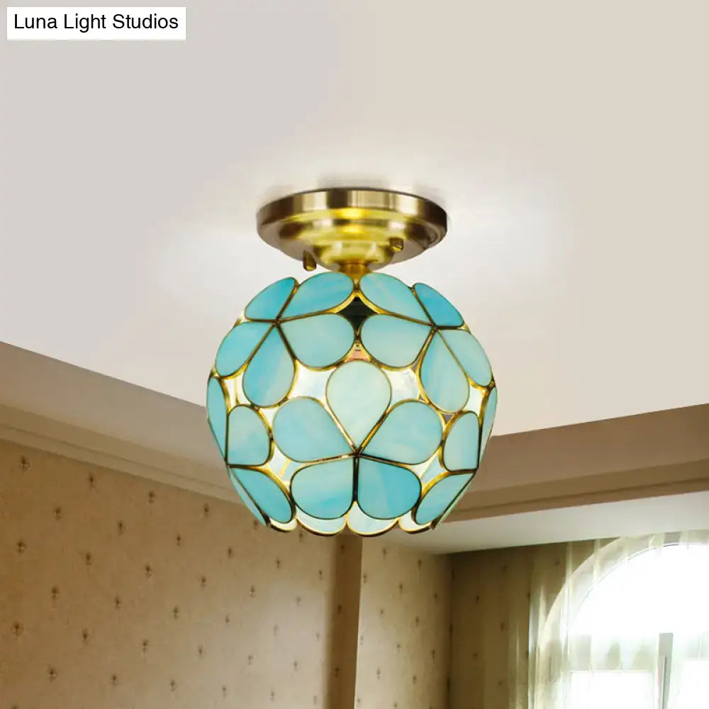 Decorbites victorian stained glass flower ceiling light with turquoise petals and gold-toned metal ceiling fixture