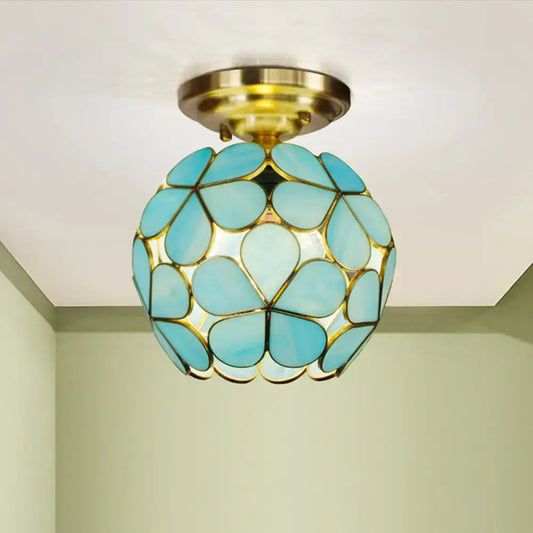Decorbites victorian stained glass flower ceiling fixture with turquoise petals and gold-toned metal frame