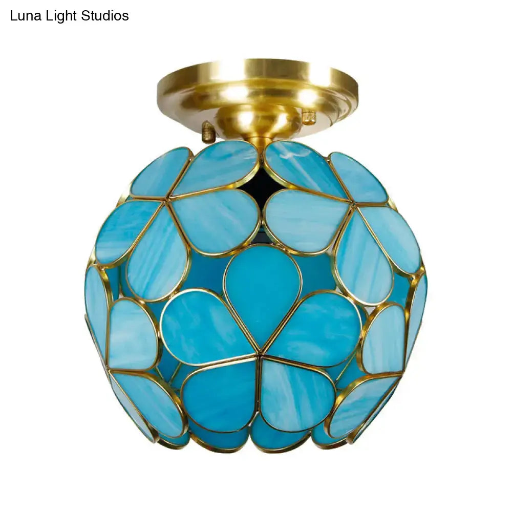 DecorBites Victorian stained glass flower ceiling light in white pink orange with brass mounting base and floral panels
