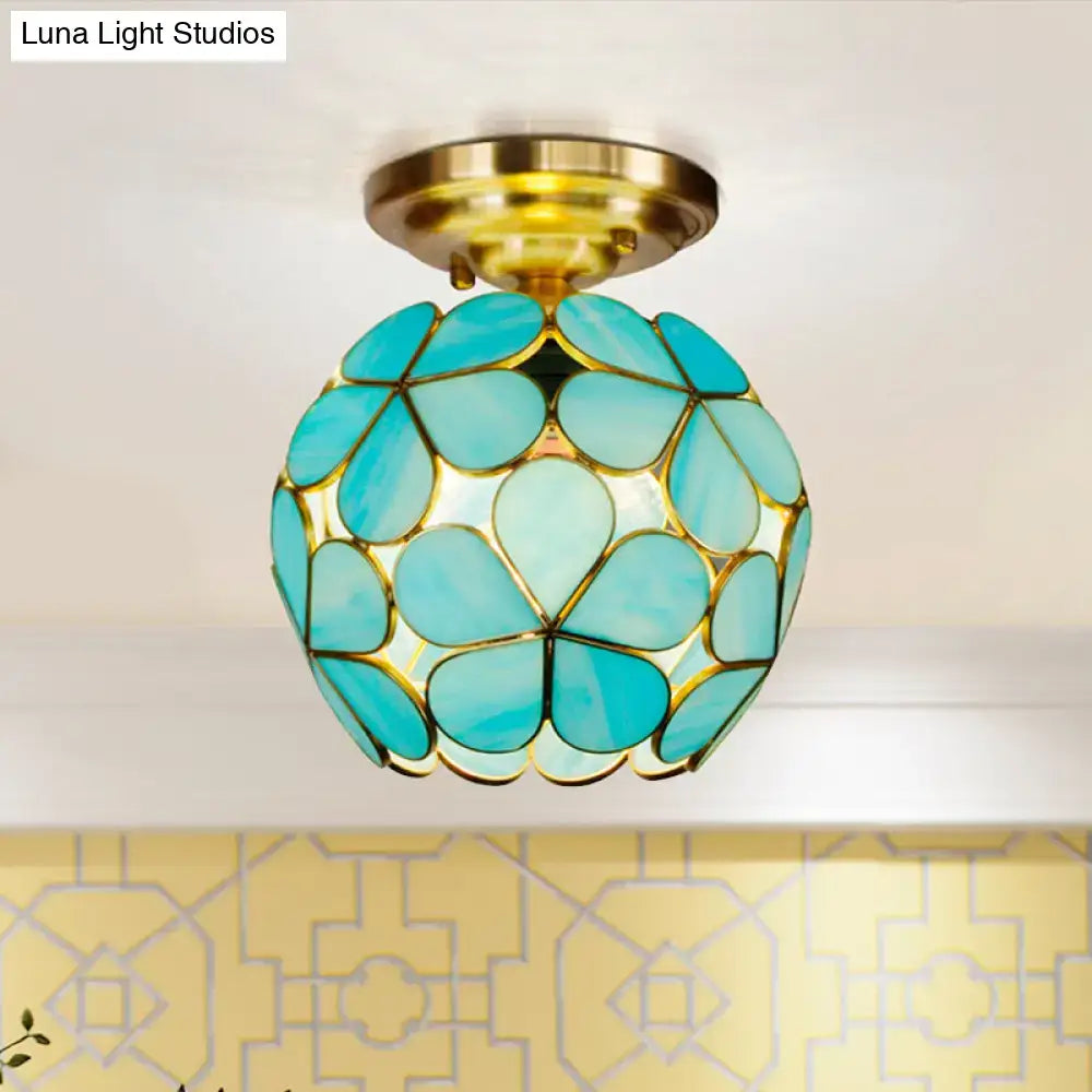 Decorbites™ victorian stained glass flower ceiling light in turquoise stained glass with gold-toned metal frame ceiling fixture