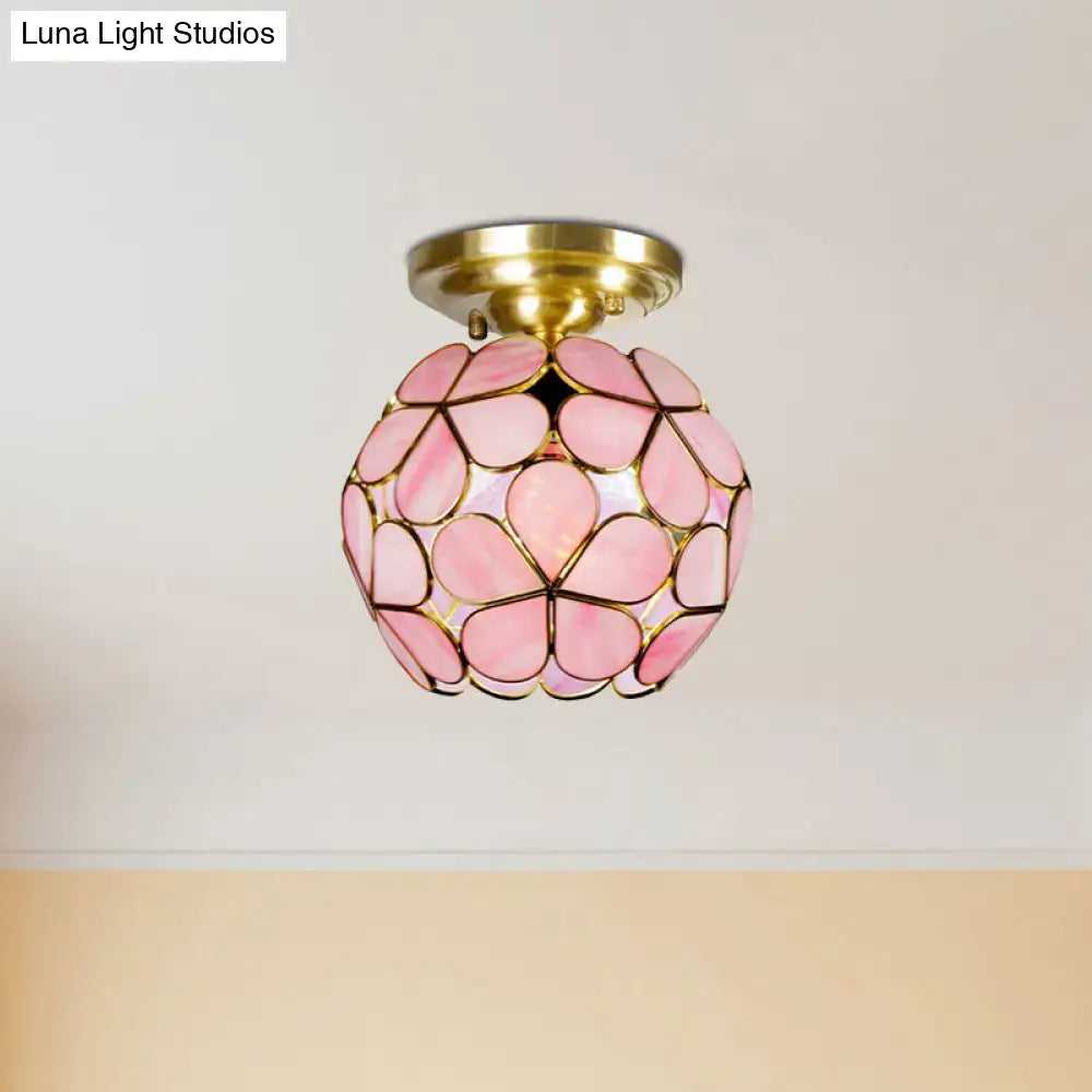 DecorBites Victorian stained glass flower ceiling light in white pink and orange with brass ceiling fixture