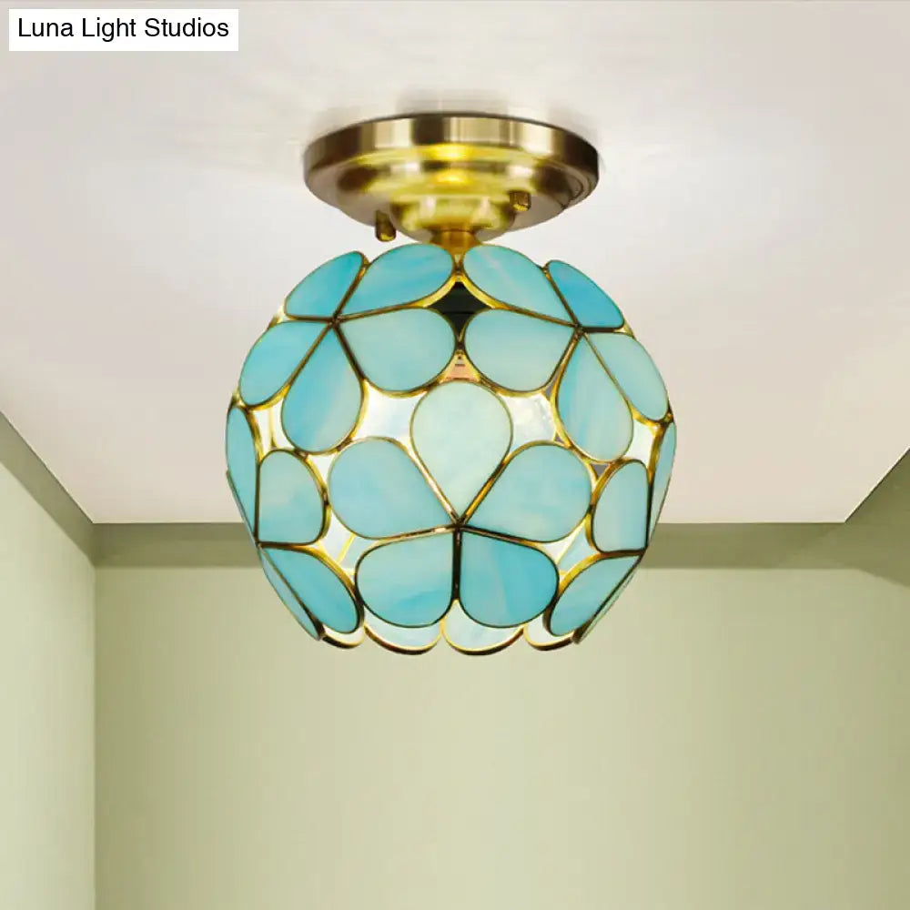 Decorbites™ victorian stained glass flower ceiling light in turquoise with gold-toned metal frame semi-mount fixture