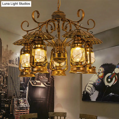 Village Style 5-Light Aged Brass Lantern Chandelier for Dining Room