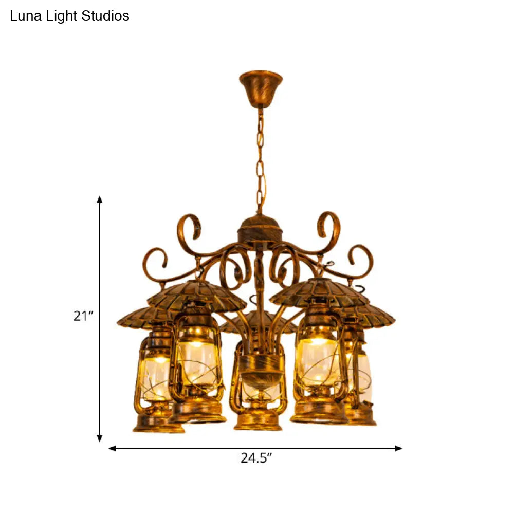 Village Style 5-Light Aged Brass Lantern Chandelier for Dining Room