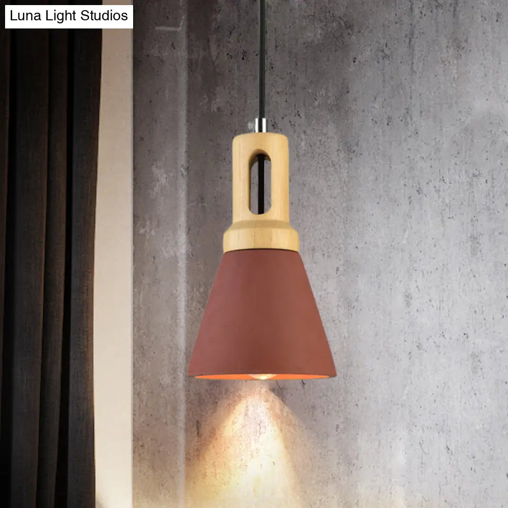 Vintage 1-Light Cement Hanging Pendant Lamp with Wood Bell Bar - Black/Grey/Red