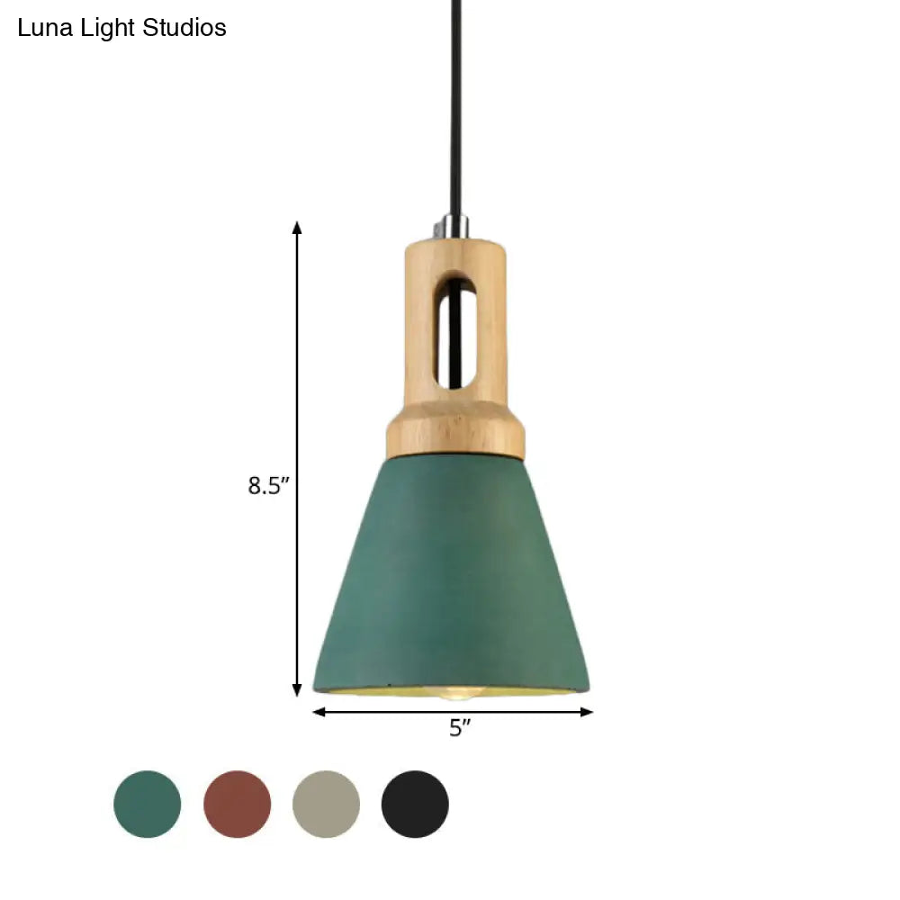 Vintage 1-Light Cement Hanging Pendant Lamp with Wood Bell Bar - Black/Grey/Red