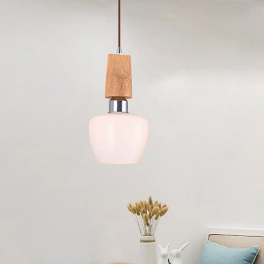 Vintage 1-Light Chrome Tulip Pendant with Frosted White Glass and Wood Top - Elegant Hanging Lighting